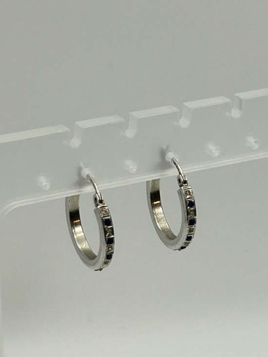 925 Sterling Silver Jewelry - Sterling Silver Hoop Earrings Blue & Clear Crystals 1" Stamped 925 SLC
